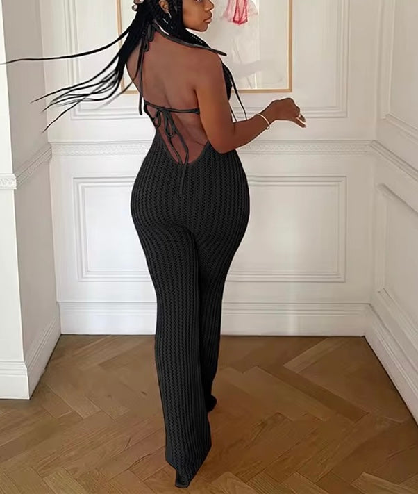 Knit Flowers Jumpsuit Black