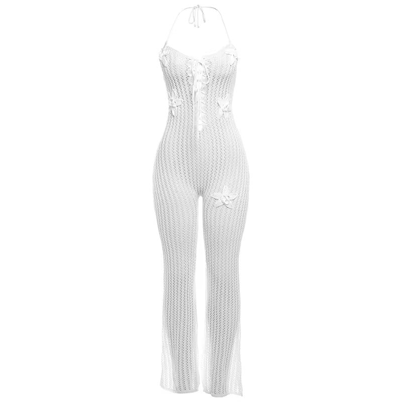 Knit Flowers Jumpsuit White