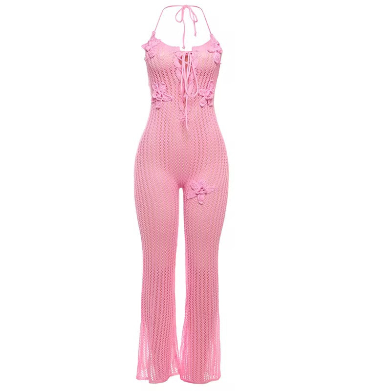 Knit Flowers Jumpsuit Pink