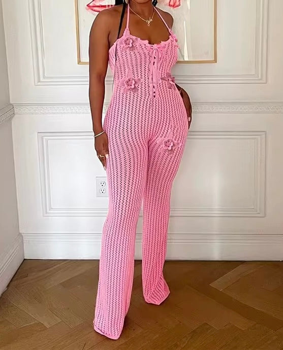 Knit Flowers Jumpsuit Pink
