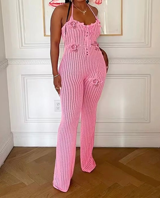 Knit Flowers Jumpsuit Pink