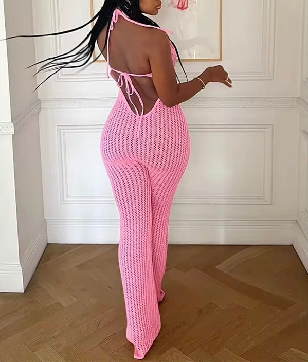 Knit Flowers Jumpsuit Pink