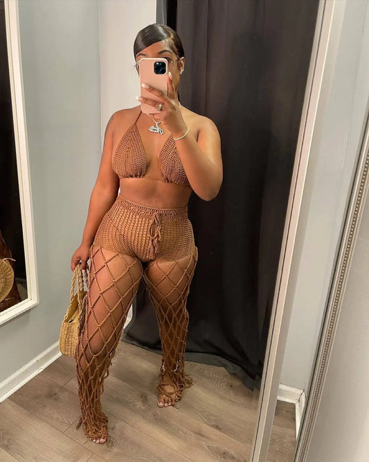 Brown crotchet halter set